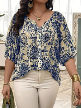 KissICON Women'S Plus Size V-Neck Blouse - Elegant Blue & White Floral Print, Casual Loose Fit, Short Sleeve, Button Detail, Summer Fashion Top for Casual Attire, Ladies Blouse