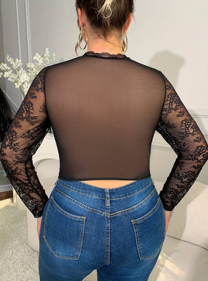 jkthpu-45 Women'S Plus Size V-Neck Lace Corset Top - Slim Fit, Long Sleeve, Stretchy & Non-Transparent, Black with White Lace Detailing, Perfect for Casual or Stylish Outfits, Versatile Fashion | Vneck Top | Nontransparent Fabric
