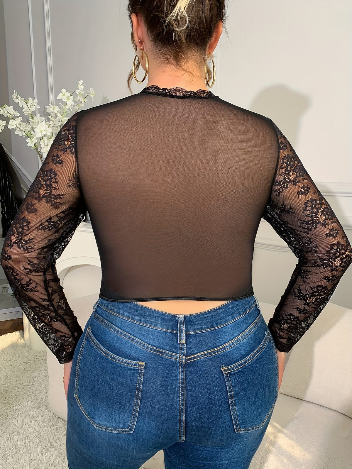 jkthpu-45 Women'S Plus Size V-Neck Lace Corset Top - Slim Fit, Long Sleeve, Stretchy & Non-Transparent, Black with White Lace Detailing, Perfect for Casual or Stylish Outfits, Versatile Fashion | Vneck Top | Nontransparent Fabric