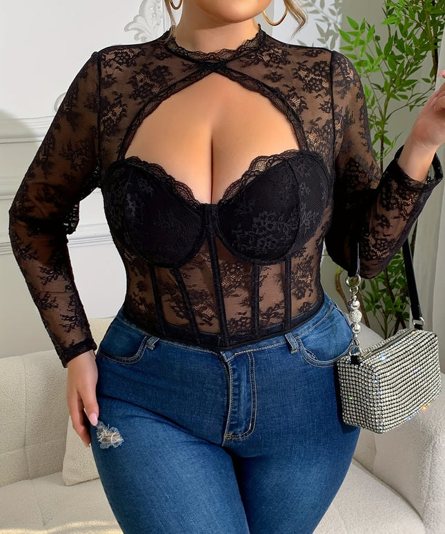 jkthpu-45 Women'S Plus Size V-Neck Lace Corset Top - Slim Fit, Long Sleeve, Stretchy & Non-Transparent, Black with White Lace Detailing, Perfect for Casual or Stylish Outfits, Versatile Fashion | Vneck Top | Nontransparent Fabric