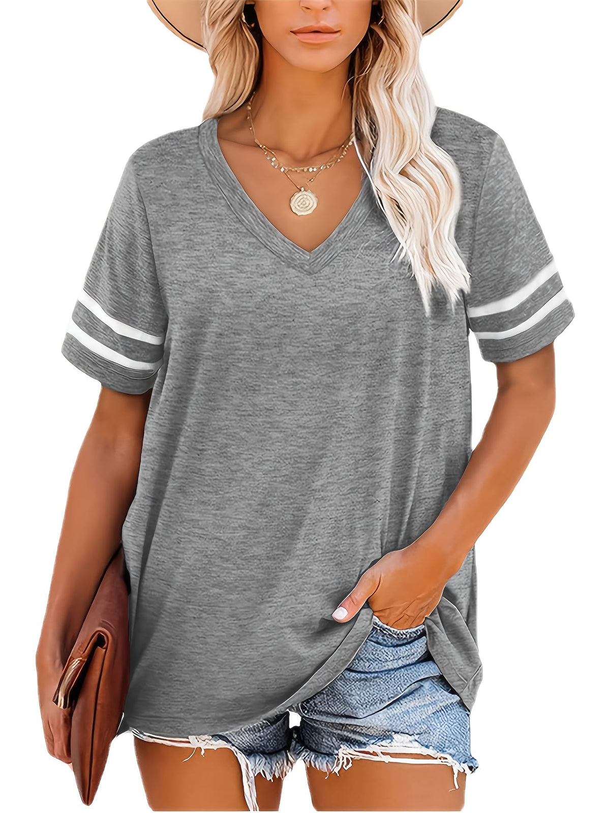 jkthpu-45 Women's Plus Size V-Neck Short Sleeve T-Shirt -