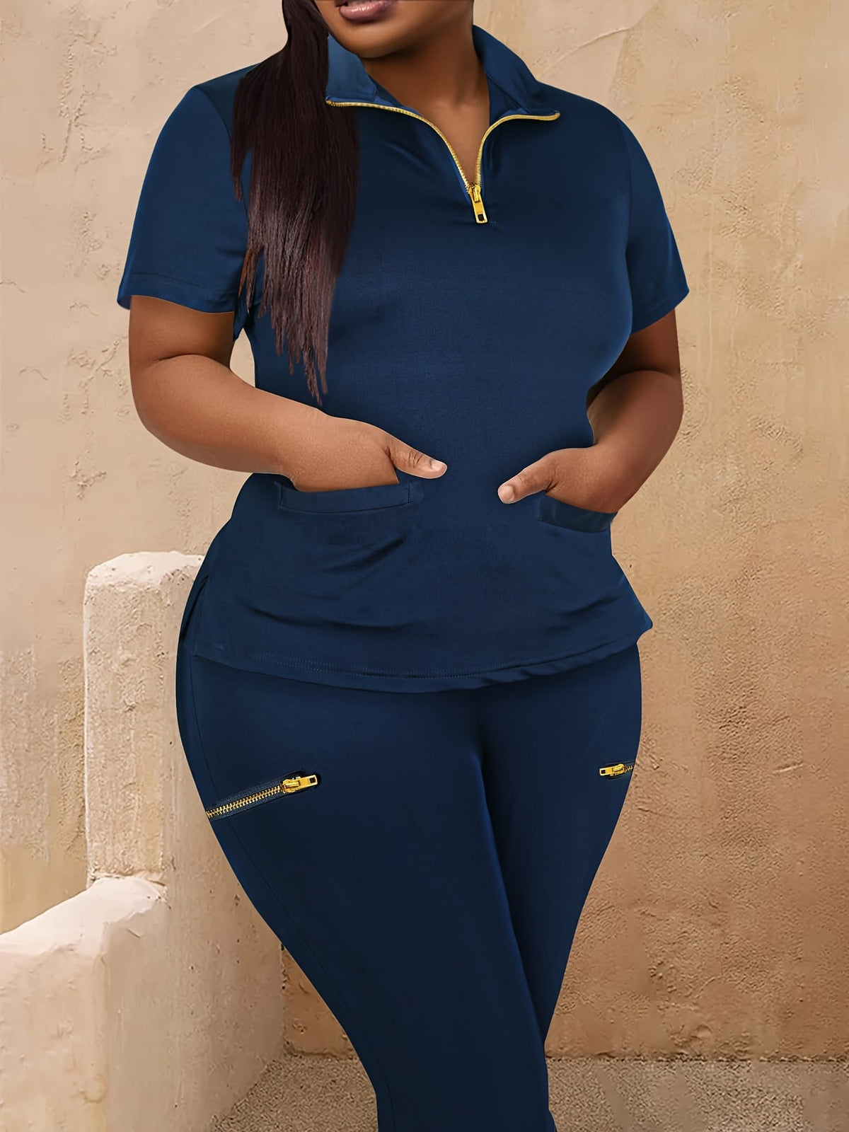 jkthpu-45 Women's Plus Size Zip-Up Collared Short Sleeve with
