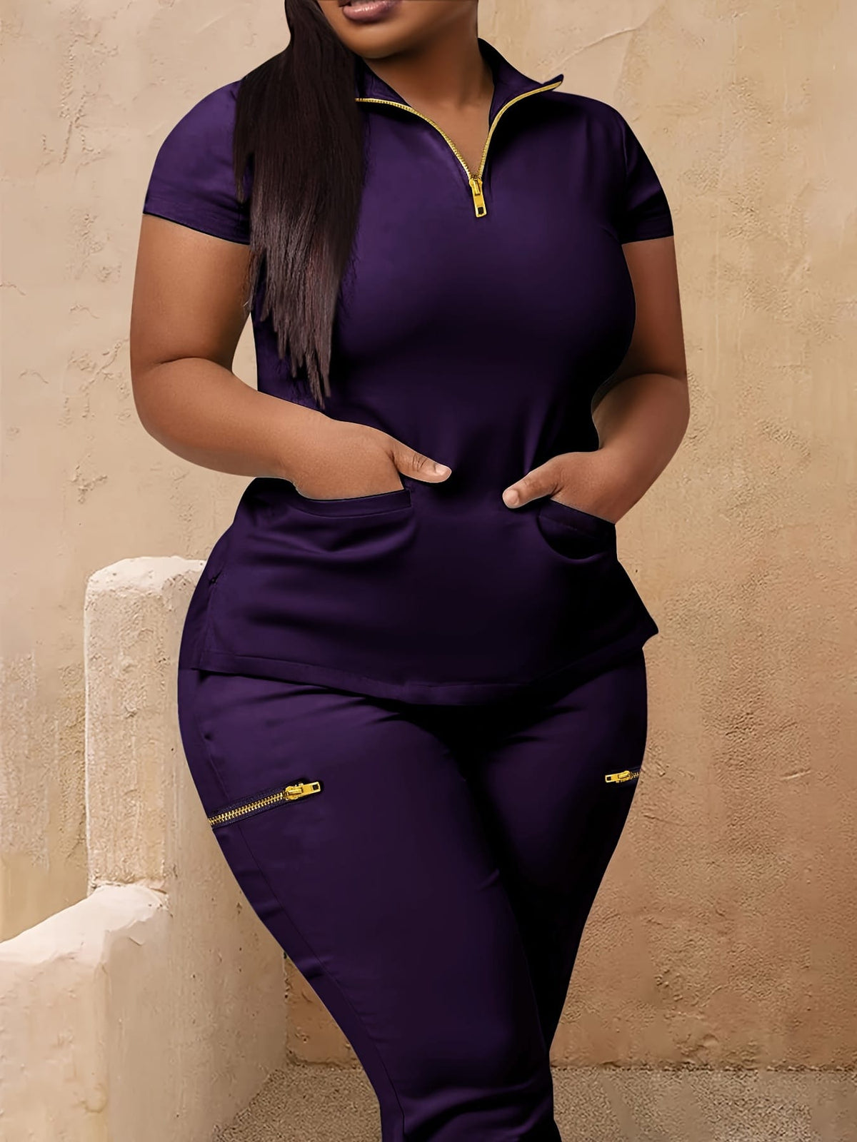 jkthpu-45 Women's Plus Size Zip-Up Collared Short Sleeve with