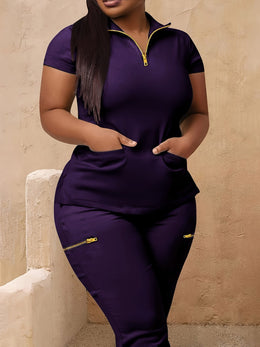 jkthpu-45 Women's Plus Size Zip-Up Collared Short Sleeve with