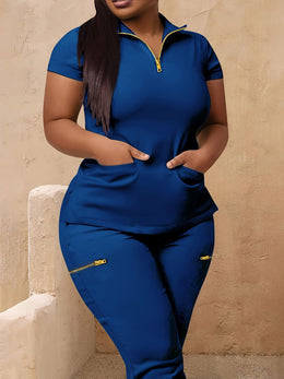 jkthpu-45 Women's Plus Size Zip-Up Collared Short Sleeve with