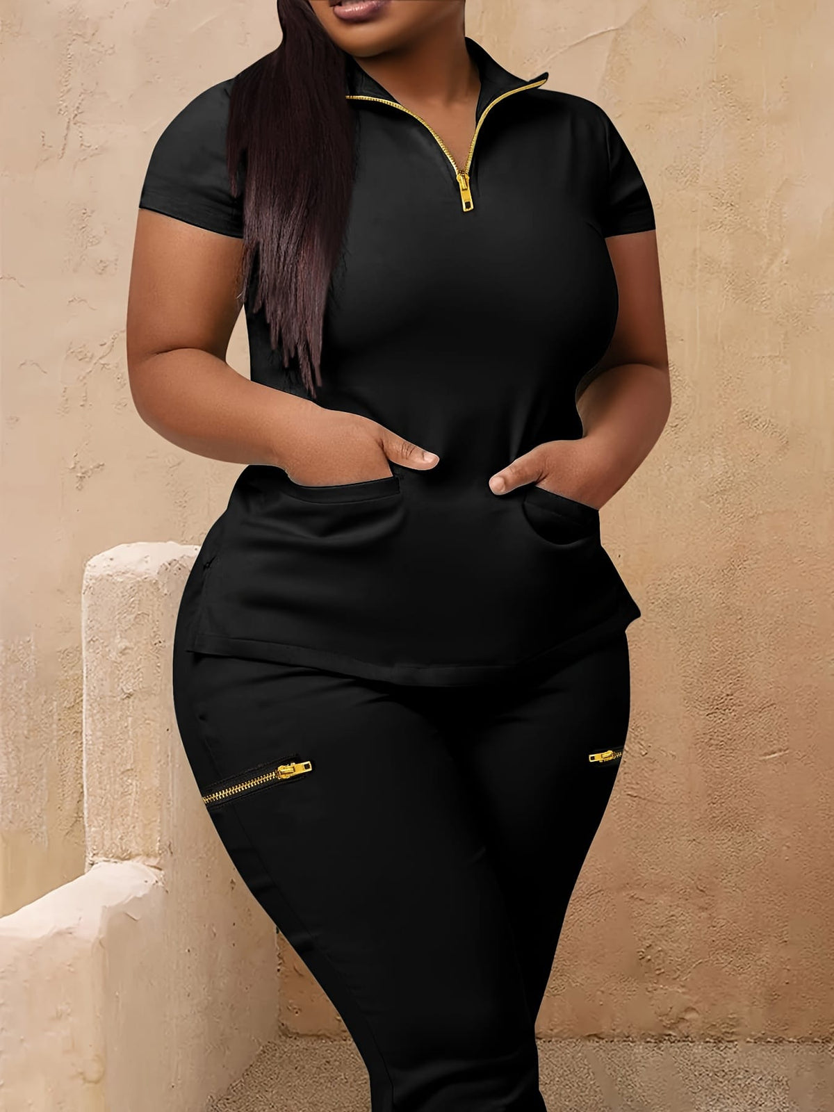 jkthpu-45 Women's Plus Size Zip-Up Collared Short Sleeve with