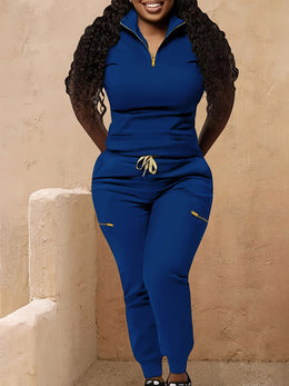 jkthpu-45 Women's Plus Size Zip-Up Collared Short Sleeve with
