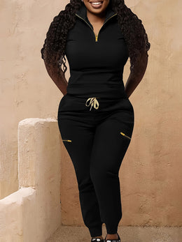 jkthpu-45 Women's Plus Size Zip-Up Collared Short Sleeve with