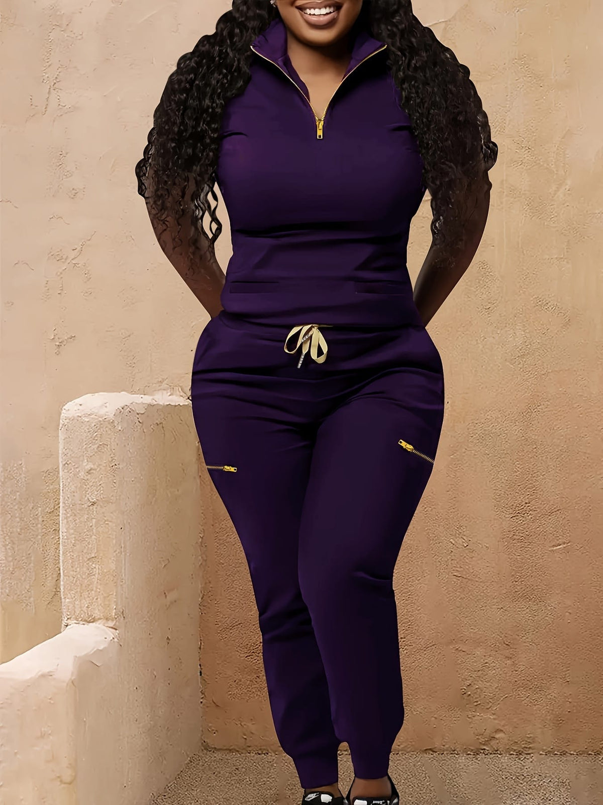 jkthpu-45 Women's Plus Size Zip-Up Collared Short Sleeve with