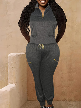 jkthpu-45 Women's Plus Size Zip-Up Collared Short Sleeve with