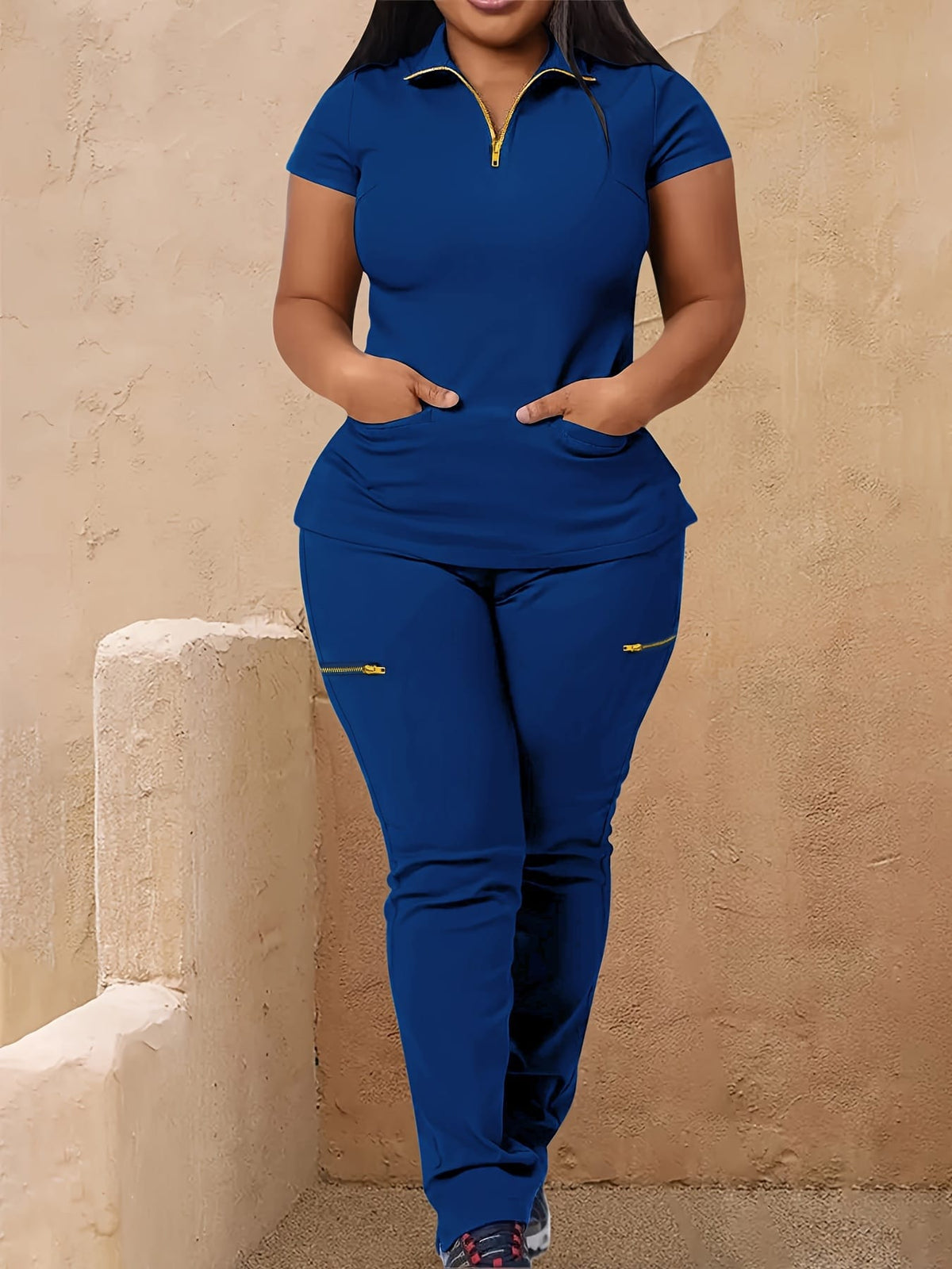 jkthpu-45 Women's Plus Size Zip-Up Collared Short Sleeve with