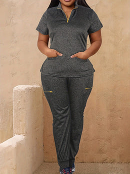 jkthpu-45 Women's Plus Size Zip-Up Collared Short Sleeve with
