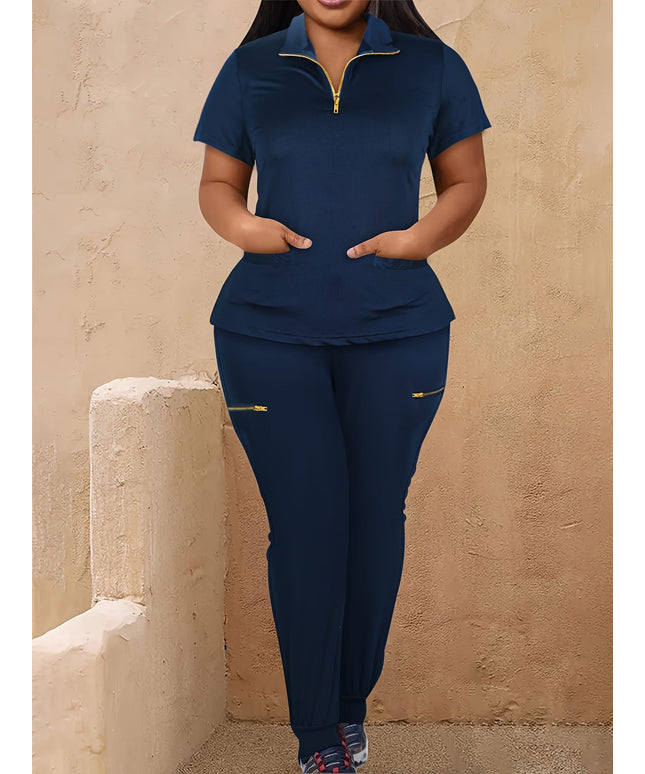 jkthpu-45 Women's Plus Size Zip-Up Collared Short Sleeve with