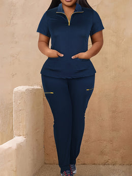 jkthpu-45 Women's Plus Size Zip-Up Collared Short Sleeve with