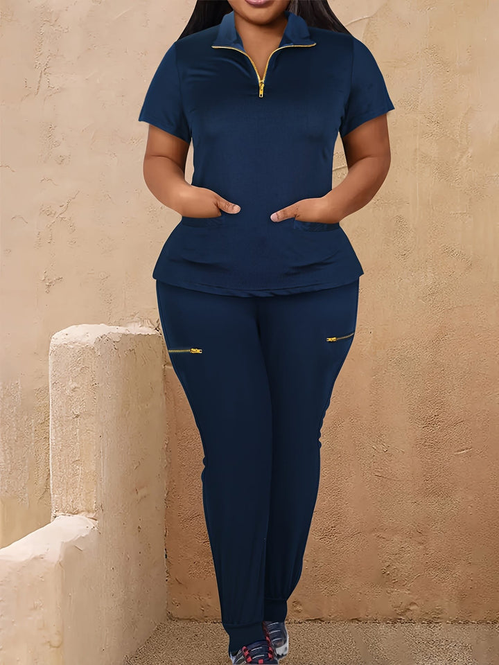Women's Plus Size Zip-Up Collared Short Sleeve with