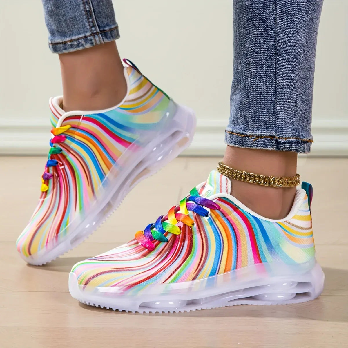 Dropshipman Women's Rainbow Stripe Casual Sports Shoes Summer Mesh Fashion Flat Beach and Leisure Holiday Lace-up Running Shoes for Ladies