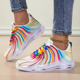 Dropshipman Women's Rainbow Stripe Casual Sports Shoes Summer Mesh Fashion Flat Beach and Leisure Holiday Lace-up Running Shoes for Ladies