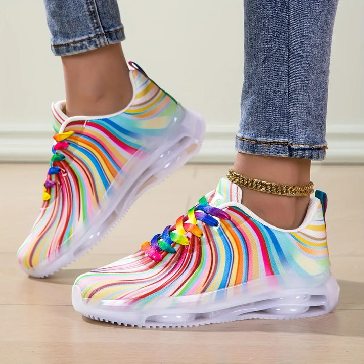 Women's Rainbow Stripe Casual Sports Shoes Summer Mesh Fashion Flat Beach and Leisure Holiday Lace-up Running Shoes for Ladies