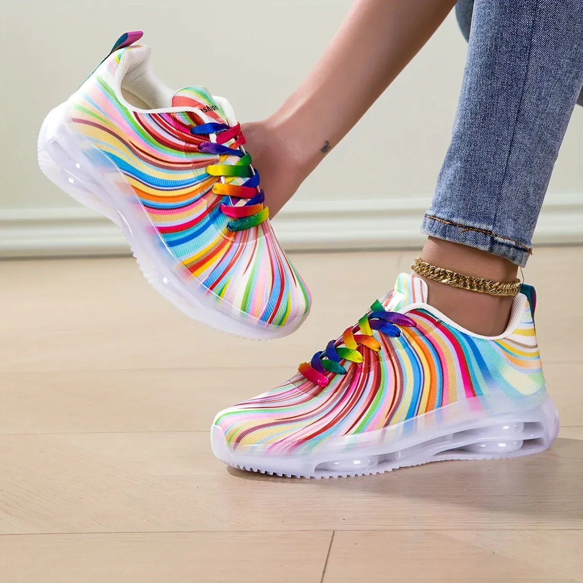 Dropshipman Women's Rainbow Stripe Casual Sports Shoes Summer Mesh Fashion Flat Beach and Leisure Holiday Lace-up Running Shoes for Ladies