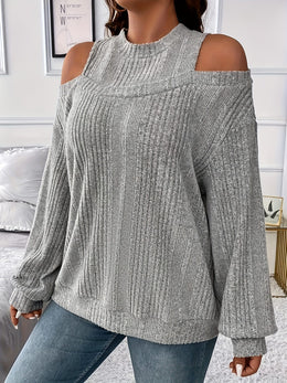 jkthpu-45 Women's Ribbed Top - Elegant Asymmetrical Long Sleeve