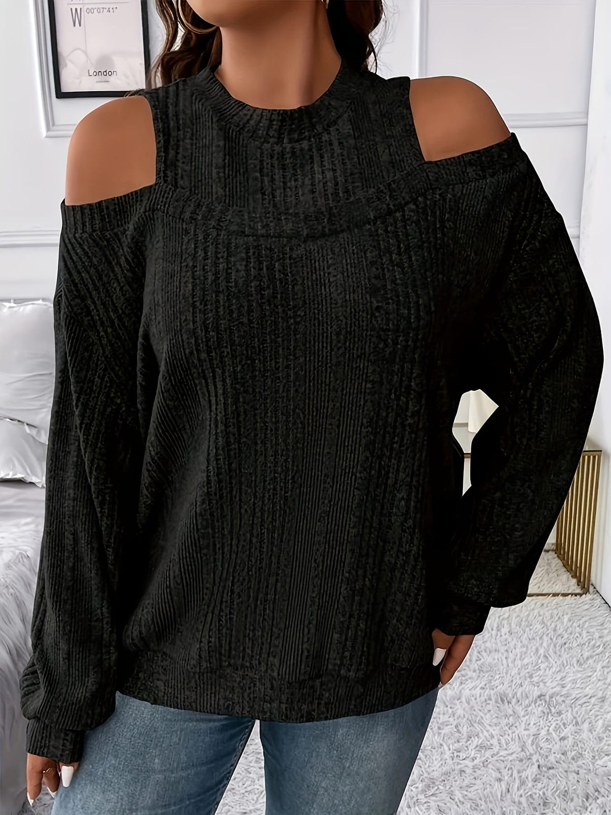 jkthpu-45 Women's Ribbed Top - Elegant Asymmetrical Long Sleeve