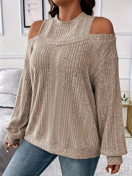 jkthpu-45 Women's Ribbed Top - Elegant Asymmetrical Long Sleeve