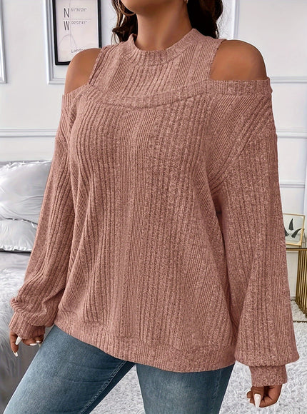 jkthpu-45 Women's Ribbed Top - Elegant Asymmetrical Long Sleeve