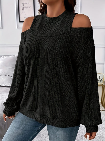 jkthpu-45 Women's Ribbed Top - Elegant Asymmetrical Long Sleeve