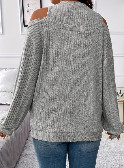 jkthpu-45 Women's Ribbed Top - Elegant Asymmetrical Long Sleeve