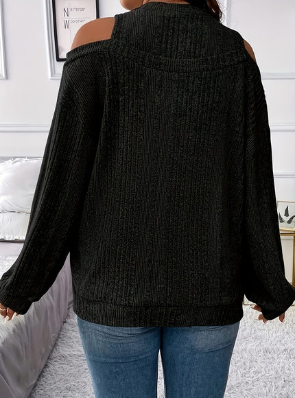 jkthpu-45 Women's Ribbed Top - Elegant Asymmetrical Long Sleeve