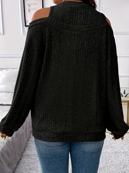jkthpu-45 Women's Ribbed Top - Elegant Asymmetrical Long Sleeve