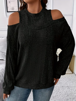 jkthpu-45 Women's Ribbed Top - Elegant Asymmetrical Long Sleeve