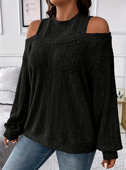 jkthpu-45 Women's Ribbed Top - Elegant Asymmetrical Long Sleeve