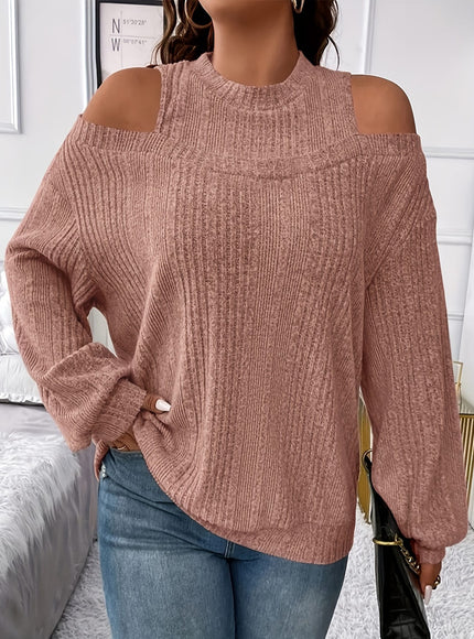 jkthpu-45 Women's Ribbed Top - Elegant Asymmetrical Long Sleeve