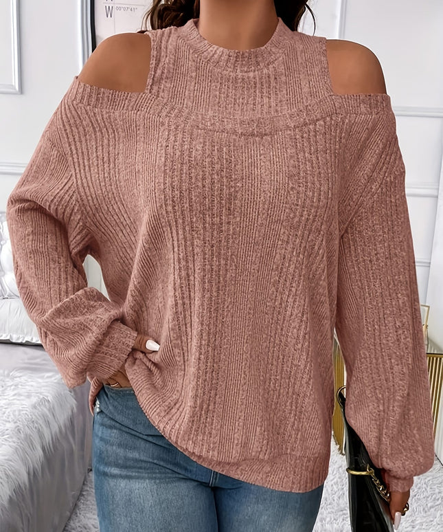 jkthpu-45 Women's Ribbed Top - Elegant Asymmetrical Long Sleeve