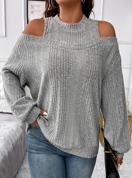 jkthpu-45 Women's Ribbed Top - Elegant Asymmetrical Long Sleeve