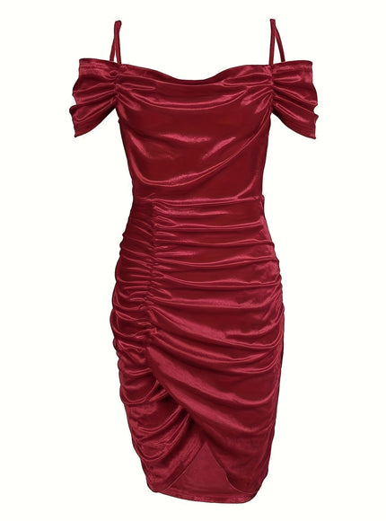 jkthpu-45 Women's Sexy Dress, Plus Size Solid Cold Shoulder Ruched Wrap Hem Slim Fit Bodycon Dress