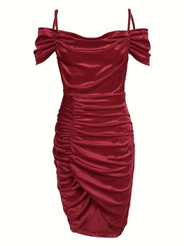 jkthpu-45 Women's Sexy Dress, Plus Size Solid Cold Shoulder Ruched Wrap Hem Slim Fit Bodycon Dress