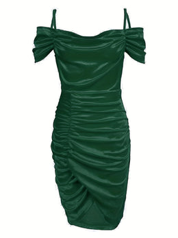 jkthpu-45 Women's Sexy Dress, Plus Size Solid Cold Shoulder Ruched Wrap Hem Slim Fit Bodycon Dress