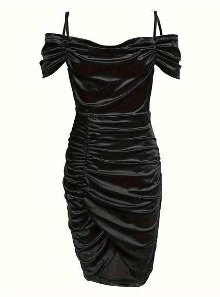 jkthpu-45 Women's Sexy Dress, Plus Size Solid Cold Shoulder Ruched Wrap Hem Slim Fit Bodycon Dress