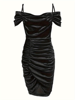 jkthpu-45 Women's Sexy Dress, Plus Size Solid Cold Shoulder Ruched Wrap Hem Slim Fit Bodycon Dress