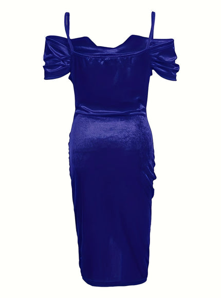 jkthpu-45 Women's Sexy Dress, Plus Size Solid Cold Shoulder Ruched Wrap Hem Slim Fit Bodycon Dress