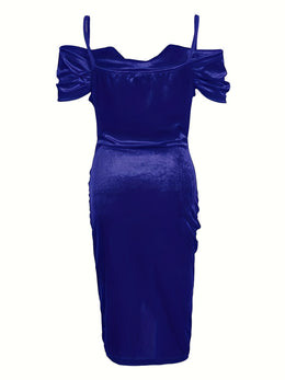jkthpu-45 Women's Sexy Dress, Plus Size Solid Cold Shoulder Ruched Wrap Hem Slim Fit Bodycon Dress
