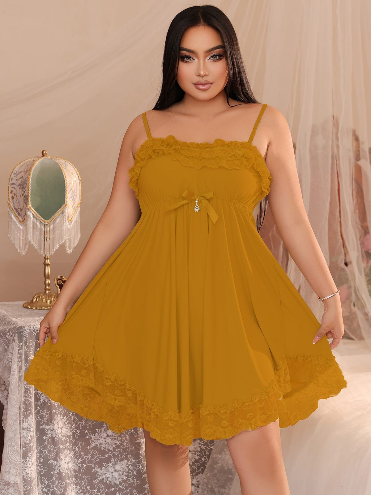 jkthpu-45 Women's Sexy Red Lace Nightgown – V-Neck Tie Waist Sleepwear