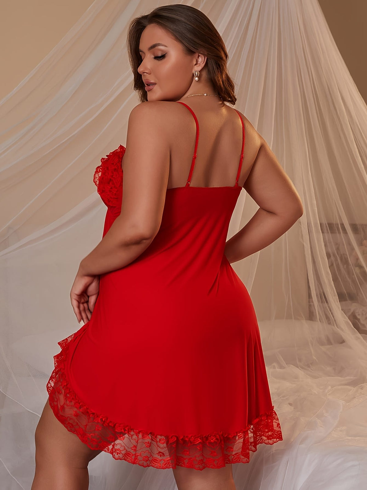 jkthpu-45 Women's Sexy Red Lace Nightgown – V-Neck Tie Waist Sleepwear