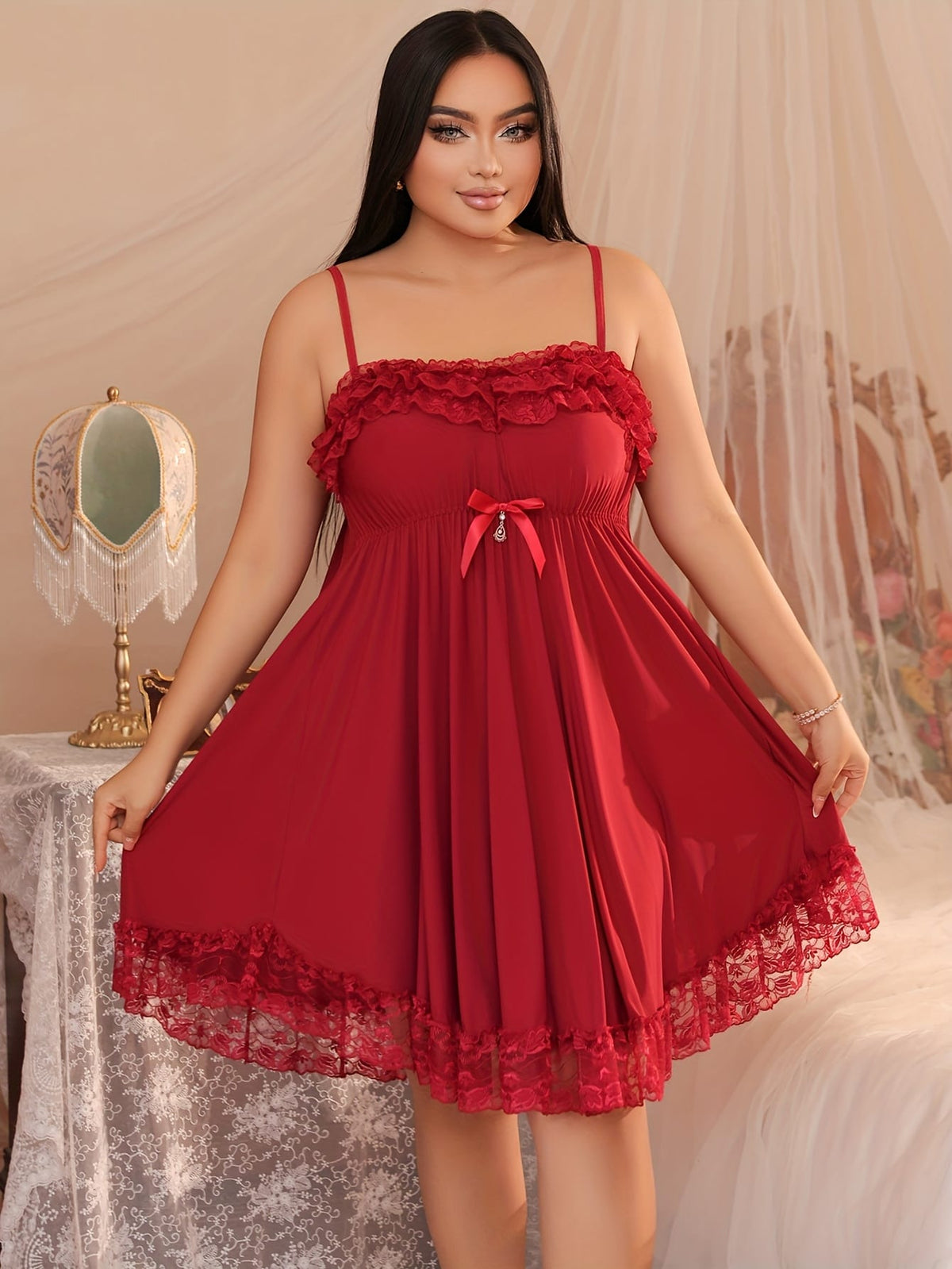 jkthpu-45 Women's Sexy Red Lace Nightgown – V-Neck Tie Waist Sleepwear