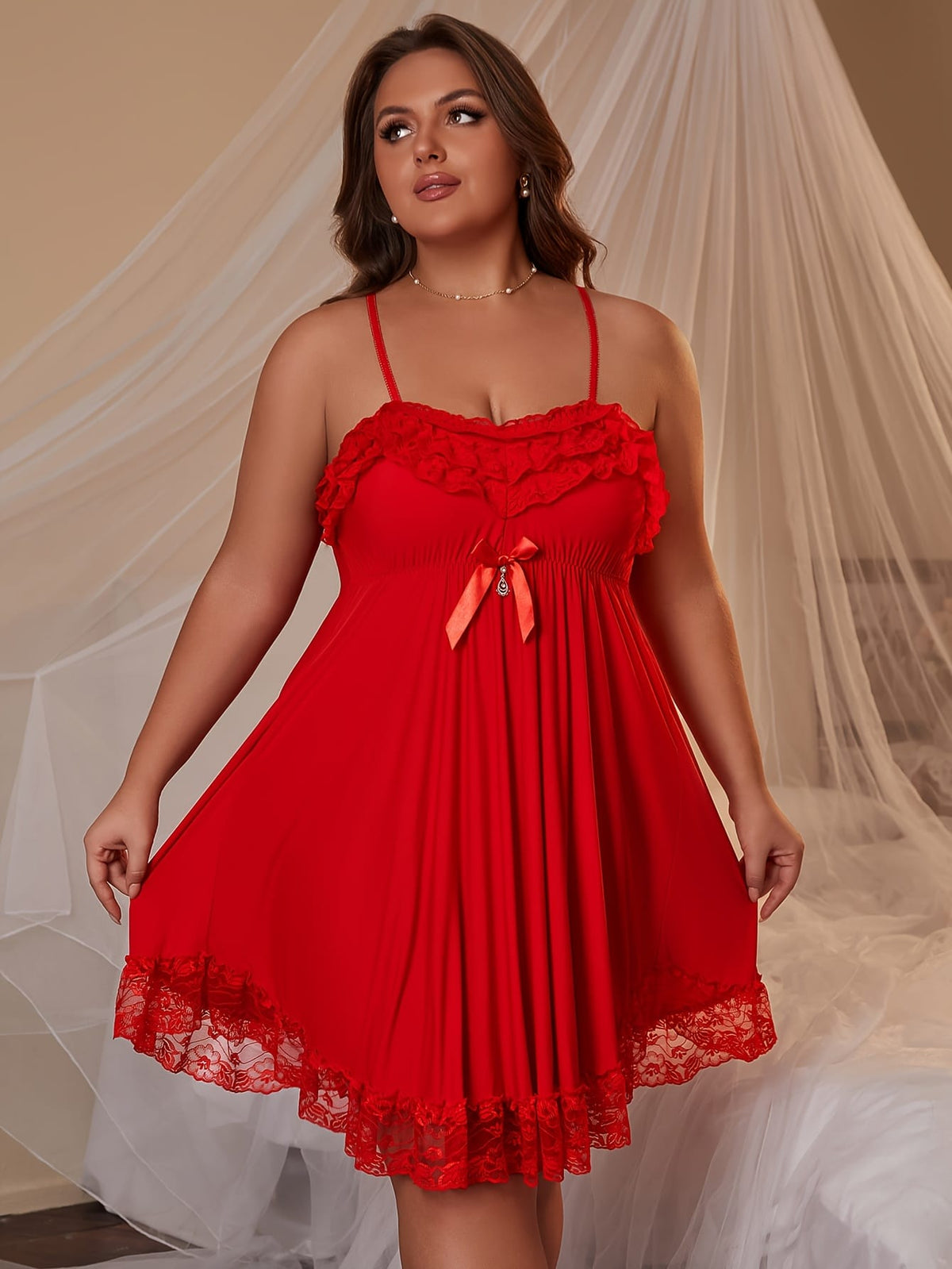 jkthpu-45 Women's Sexy Red Lace Nightgown – V-Neck Tie Waist Sleepwear