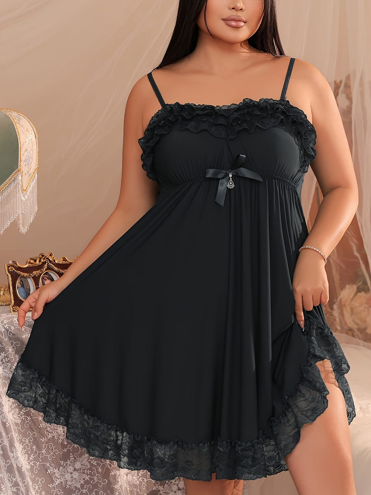 jkthpu-45 Women's Sexy Red Lace Nightgown – V-Neck Tie Waist Sleepwear