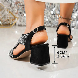 KissICON Women's Shiny Crystal High Heeled Sandals Fashion Black