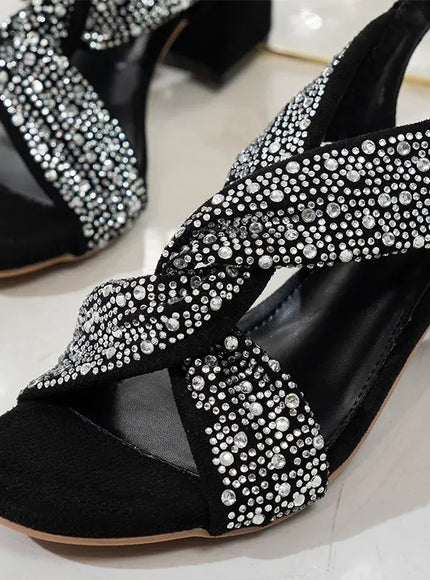 KissICON Women's Shiny Crystal High Heeled Sandals Fashion Black